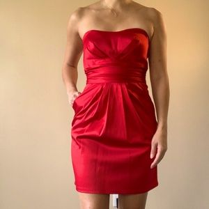 Cute Red Strapless Dress with Backside Tie Bow